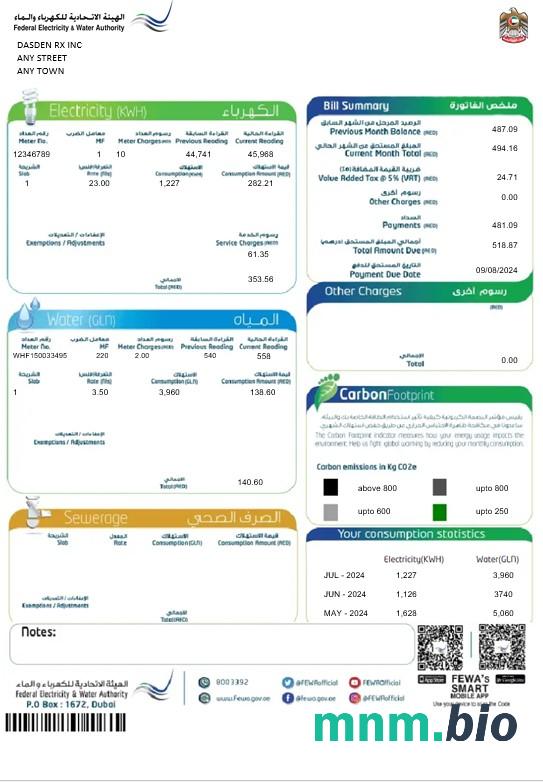 UAE Dubai Federal Electricity & Water Authority rachunek za usługi komunalne Word and PDF template